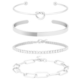WATEFOER Pack of 4 Women's Gold Bangle Bracelets, 14K Gold-Plated, Adjustable Bracelet, Women's Twist Snake Cuban Paper Clip Bracelets, Jewellery for Women and Girls, Stainless Steel