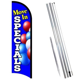 Vista Flags Move In Specials (Blue) Premium Windless Feather Banner Flag Kit (Flag, Pole, & Ground Mt)
