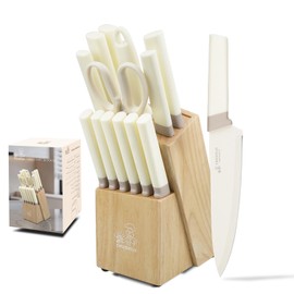 CHUSHIJI 15-Piece Kitchen Knife Set with Block, Premium High Carbon Stainless Steel, 8-Inch Chef Knife & 6 Steak Knives, Sharp Dishwasher Safe Durable Cutlery for Home Cooking, White