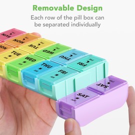 Opret Weekly Pill Organiser, Pill Box 7 Day 2 Times a Day for AM PM, Small Travel Tablet Organiser with 14 Removable Compartments, for Vitamins Supplements Medication (Rainbow)