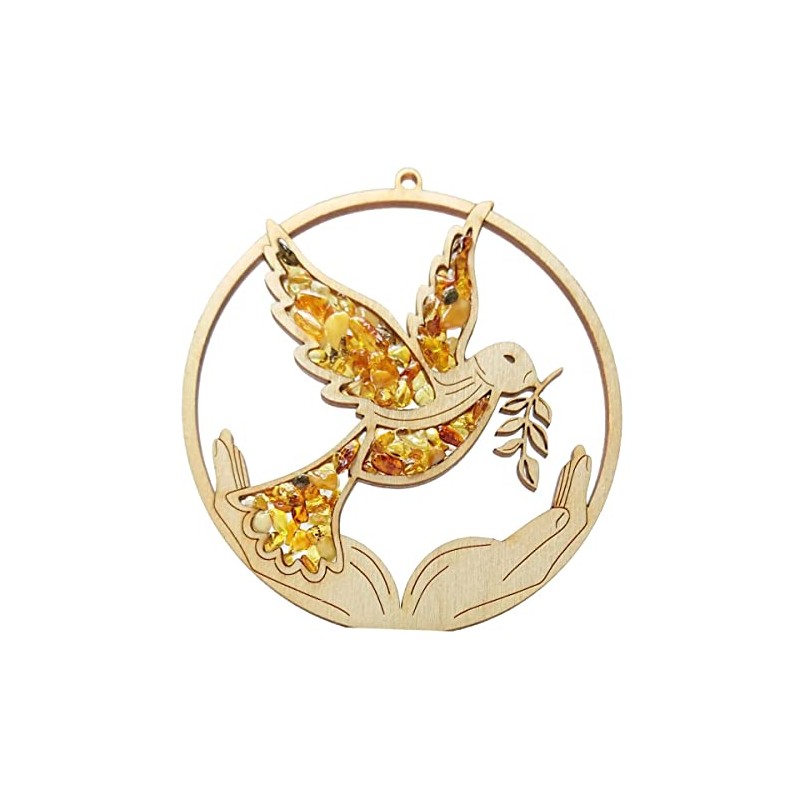 Window Decoration Suncatcher Amber in Birch Wood Peace Dove Diameter