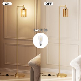 Ziisee Floor Lamps for Living Room - Gold Standing Lamp with Amber Glass Shade, Modern Floor Lamp with LED Bulbs, Bright Industrial Floor Lamp for Bedroom, Farmhouse Tall Lamp for Office