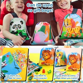 Gerrii 32 Pieces Jungle Animal Drawstring Bags Cartoon Animal Birthday Party Supplies Safari Wildlife Candy Goodie Treat Bags Safari Party Favors Gift for Kids Birthday Boy Girl Holiday Baby Shower