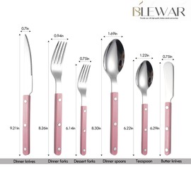 Rivet ABS Faux Wood Handle Silverware Set - 6-Piece Stainless Steel Flatware with Steak Knife, Fork, Spoon, Teaspoon, Dessert Fork and Butter Knife - Elegant Tableware Cutlery for Dining (Pink)