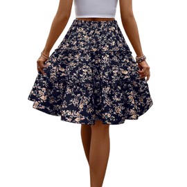 GORGLITTER Women's Floral Skirt Casual Skirt Knee-Length Skirt Casual Skirt Bohemian Skirts A Line Summer Skirt with Elastic Skirt, darkblue, XL