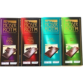 German Dark Chocolate Bundle of 4 Varieties. Moser Roth 85% Cocoa, 70% Cocoa, Dark Sea Salt and Dark Mint. Low Sugar Gourmet Candy Bars. Good for the Waist Line and Chocolate Lovers. From Germany!