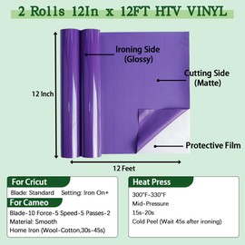 guangyintong Purple Heat Transfer Vinyl HTV Rolls, 2 Rolls 12" x 12ft Purple Iron on Vinyl for T-Shirts Glossy Surface HTV Vinyl for All Cutter Machines Easy to Cut & Weed