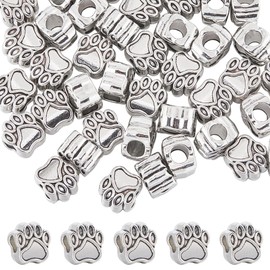 SUNNYCLUE 1 Box of 60 Pieces Silver Paw Print Beads Large Dog Paw Beads Alloy Vintage Metal Puppy Cat Bear Animal Pet Cute Large Hole Spacer Footprint Beads For The