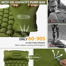 ACTIVE FOREVER Inflatable Camping Mat, Ultralight Sleeping Mat with Pillow and 20L Pump Sack, Waterproof Air Mattress Single Pad Bed for Outdoor Backpacking Hiking Beach, Army green