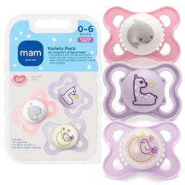 MAM - Paquete variado de chupetes, incluye 3 tipos de chupetes, la forma de pezón ayuda a promover un desarrollo oral saludable, paquete de 3, 0-6 meses, niña