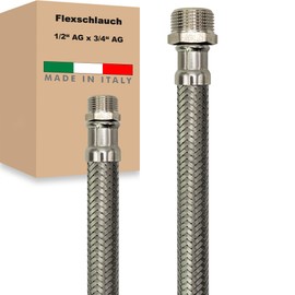 Flexible Hose AG x AG Stainless Steel Reinforced Hose Connection Hose Sanitary Tap Hose Domestic Waterworks Made in Italy (1/2 Inch x 3/4 Inch - 300 mm)