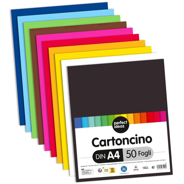 perfect ideaz cartoncino per foto, 50 fogli colorati in formato A4, colorazione integrale, disponibili in 10 diversi colori, spessore 300g/m², fogli di alta qualità