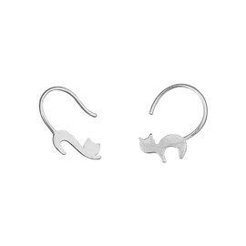 Asymmetric Cat 925 Sterling Silver Stud Hoop Earrings for Women Girls Minimalist Cute Animals Cartilage Post Studs Fashion Hypoallergenic Creative Brushed Earring Birthday Jewelry for Cat Lover