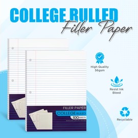 Notebook Paper College Ruled, Loose Leaf Paper for 3 Ring Binders - 10.5' X 8", for Students, School Classroom - 100 Sheets/Pack (2 Pack)