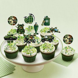 45PCS Military Cupcake Toppers Military Army Green Cupcake Picks Bomb Fighter Military Theme Tank Baby Shower Baby Boy Girl Game Party Decorations Supplies