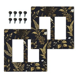 Corenest Outlet Covers Black Gold Flowers Vintage Boho Botanical Floral 2 Gang Light Switch Cover Double Rocker Wallplates Decorative GFCI Electrical Socket Cover for Bathroom Bedroom (2 Pack)