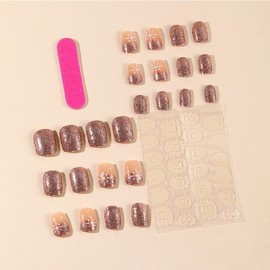 24Pcs Christmas Press on Nails Short Square Snowflake Fake Nails with Glitter Designs Glossy Christmas Acrylic Nails Artificial Winter Full Cover Glue on Nails for Women Girls Merry Christmas Nail DIY