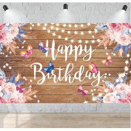 Floral Birthday Banner Decorations for Women Girls Floral Happy Birthday Banner Large Birthday Backdrop Rose Flower Butterfly Birthday Party Decorations Rustic Farmhouse Style Bday Decor
