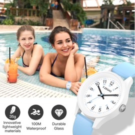 F.ZEGAO - Relojes para mujer, 100 m, impermeables, para mujer, fácil de leer, con segunda mano, con banda de silicona suave y colorida para nadar/bucear, Azul, Analógico clásico