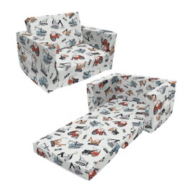 fond + found Kids Sofa Couch, Children's 2 in 1 Convertible Sofa to Lounger - Extra Soft Flip Open Chair & Sleeper, Truck Excavator Car Printed Toddler Chairs Kids ouch Bed for Boys Girls