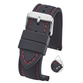 STUNNING SELECTION ALPINE Smooth and sporty silicone stitched watch band with quick release spring bars- Black with red stitching - 18mm (fits wrist sizes 6 1/4 to 8 inch)