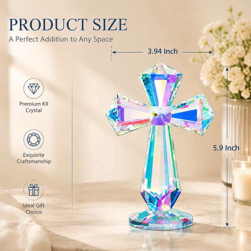 Zerelys K9 Crystal Cross Keepsake, Rainbow Prism Christian Gift