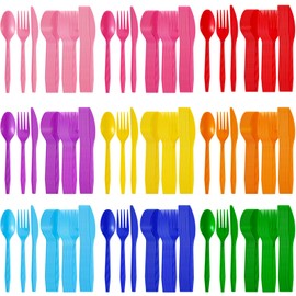 Zhehao 405 Pcs Neon Colored Hard Plastic Utensils Plastic Silverware Set Cutlery Set Disposable Flatware Dinnerware Neon Plastic 135 Forks 135 Spoons 135 Knives Birthday Wedding Party Dinner 9 Colors