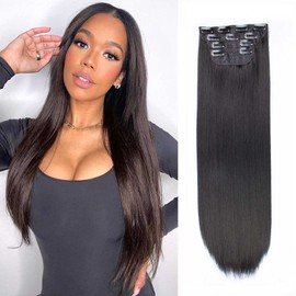 20 Inch Straight Clip in Hair Extensions 4Pcs 11Clips Dark Brown Straight Clip Hair Extensions Double Weft Clip on Synthetic Hair Extension for Women 4#