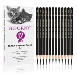 HIFORNY 12 Pieces Charcoal Pencils Drawing Set - Super Soft,Soft,Medium and Hard Charcoal Pencils for Drawing,Sketching,Shading,Blending,Portrait