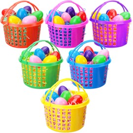 48 Pieces Easter Egg Baskets Set Include 6 Plastic Easter Egg Hunt Baskets with Handle 36 Colorful Fillable Plastic Surprise Easter Eggs 6 Tissue Raffia Paper for Easter Theme Party
