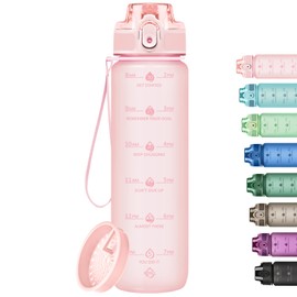 Alwager 32oz Motivational Water Bottles with Time Marker & Fruit Strainer, Single Color Water Bottle with Times to Drink, Leakproof & BPA Free, Reusable Plastic Bottle with Strap (No Straw)