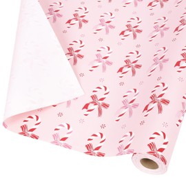 BIOBROWN Christmas Wrapping Paper Roll - 17 Inches X 33 Feet (47 sq. ft. ttl.) Candy Cane Bow Design Pink Gift Wrap Stone Paper for Xmas, Holiday, Party