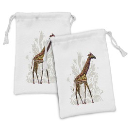 Ambesonne Batik Fabric Pouch Set of 2, Savannah Animal Giraffe with Ornament Patterns on Body Creature Print, Small Drawstring Bag for Toiletries Masks and Favors, 9" x 6", Multicolor