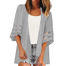 OUKIN Women Chiffon Kimono Cardigan Swim Beach Cover Up Boho Floral Print Bikini Cover-ups Blouse for Swimwear Beachwear (Grey)