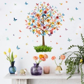 YIMEHDAN Large Colorful Butterfly Tree Wall Decal, Butterflies Flower Vinyl Wall Stickers, Removable Garden Tree Artwork for Kids Bedroom Living Room Decor