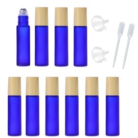 10 Pcs Frosted Glass Essential Oils Roll on Bottles,10ml Refillable Massage Roller Bottles Perfume Bottles with Stainless Steel Ball Wood Grain Cap Empty Travel Roller Essential Oils Vials(Blue)