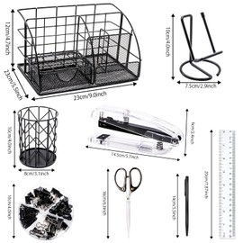 JUOPIEA Desk Organizers and Accessories Office Supplies 12PS Set with Acrylic Stapler, Staple Remover, Pen Holder, Clips, Scissor, Phone Holder, 1 Pen Ect