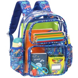 BrainyBees Clear Backpack for Boys - 15 Inch Heavy Duty Kids Backpacks for School, Clear Transparent Bookbag with 2 Front Pockets for Kids Aged 3 to 8, Blue Dinosaur
