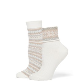 HUE Women's Festive Fairisle Mini Crew Turncuff Socks 2 Pack, Ivory, One Size