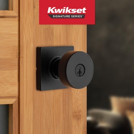 Kwikset Pismo Entry Door Knob with Lock and Key, Secure Keyed Handle Exterior, Front Entrance and Bedroom, Matte Black, Pick Resistant SmartKey Rekey Security and Microban, Square Rose
