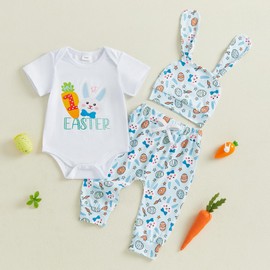 XIXIMAON Baby Girls Easter Outfits Summer Short Sleeve Flower Print Infant Romper Bunny Bow Rabbit Pattern Pants Hat 3pcs Toddler Clothes Set (Blue, 3-6 Months)