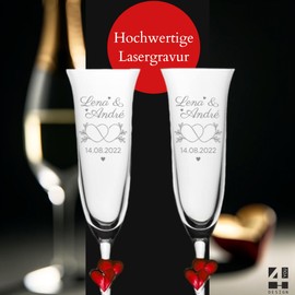 Set of 2 Champagne Flutes with Red Hearts - Wedding - Engraved Name and Date - 2 Intertwined Hearts - Great Champagne Flutes for Anniversary or Engagement