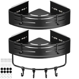 Euqvunn Shower Shelf No Drilling Required, Pack of 2 Waterproof Rustproof Shower Shelf Corner with 8 Portable Hooks, Shampoo Holder for Shower, Bathroom Shelf for Bathroom and Kitchen (Black)