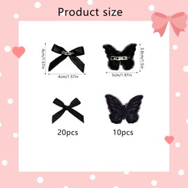 30pcs Butterfly Bow Charms for Socks Charms Mini Ribbon Bow Junk Socks Charms kit Cute Girly Y2K Decorative Pins for Socks Shirts Hats Shoes Gloves Brooch Safety Pins Accessories Bulk (Black)