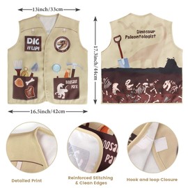 Kyson Kids Dinosaur Paleontologist Costume Explorer Hat Vest Zoo Keeper Outfit Accessories for Dino Jungle Safari Themed Party (Set A-5 Pieces)
