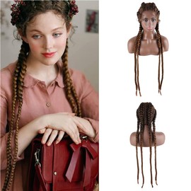 AFBeauty Ombre Brown 4 Twist Braided Lace Front Wig Hand Tied Auburn Brown Braids with Baby Hair Synthetic Box Braids Heat Resistant Crochet Braids for Women 76 cm
