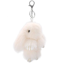 Bellisia Fluffy Bunny Keyring Rabbit Keyring Soft Keyrings for Women Cute Furry Bunny Keychain Plush Car Pendant Handbag Purse Decoration Keychain Solid Beige