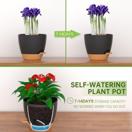 ZMTECH 3Pcs 12Inch Plant Pot Planter for Indoor Plants Self Watering Flower Large Pot with Drainage Holes and Saucer for Outdoor Plants(Grey with Brown)