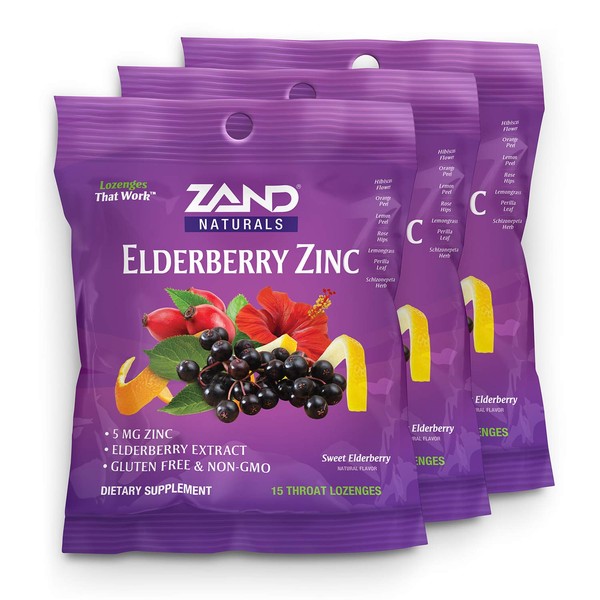 Zand HerbaLozenge Elderberry Zinc | Good-for-You Lozenges for Dry Throats | No Corn Syrup, No Cane Sugar, No Colors | 15 Lozenge, 3 Bags
