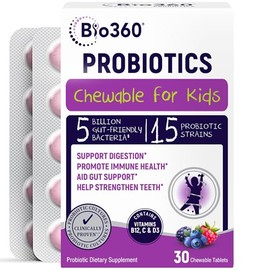 Bio360 Probióticos Para Niños 15 Cepas Y 5 Mil Millones De Ufc Que Favorecen La Salud Cerebral, Inmunitaria Y Digestiva. Probiótico Masticable Para...
